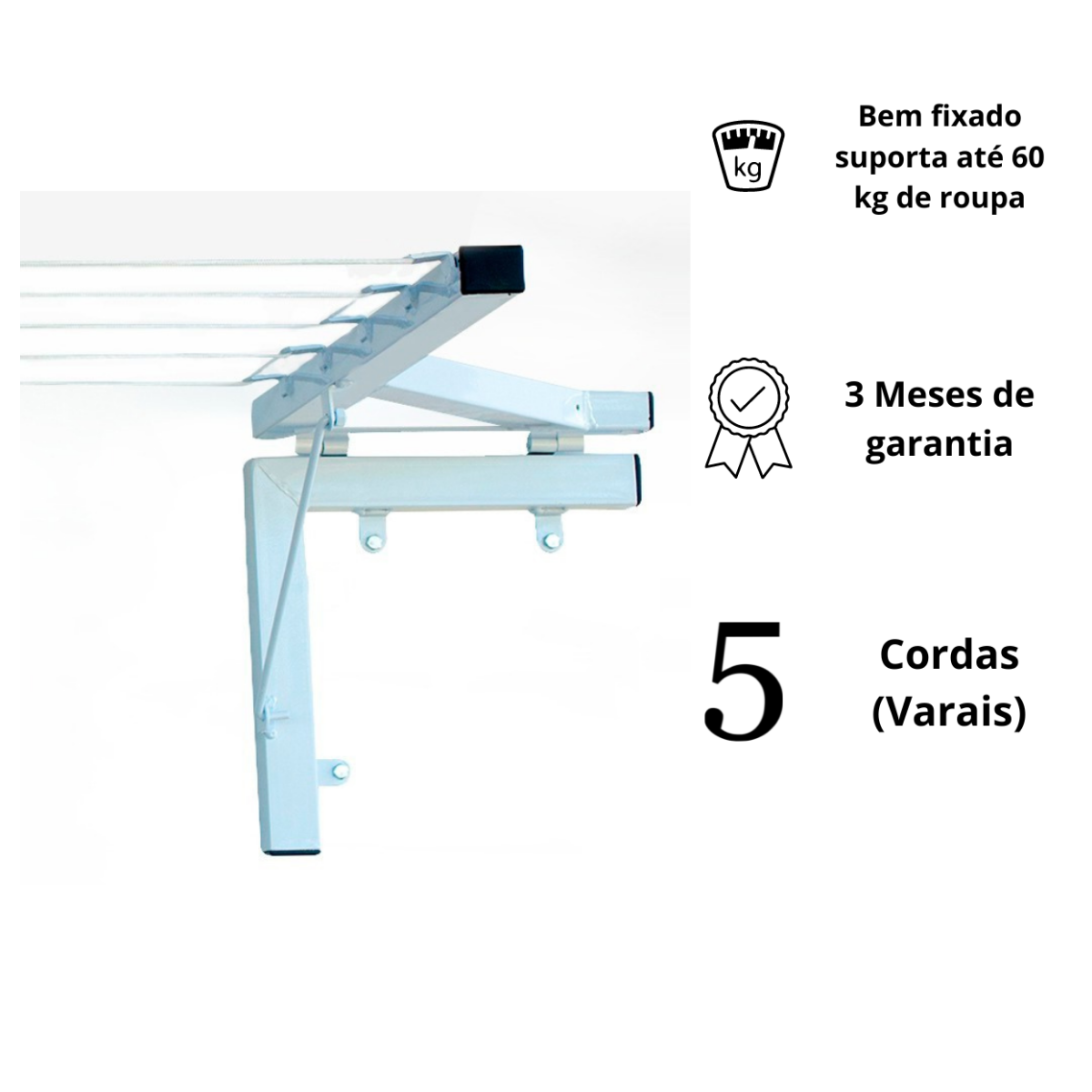 Varal Muro/parede Retratil Mao Francesa 05 Cordas Branco - Imagem 4